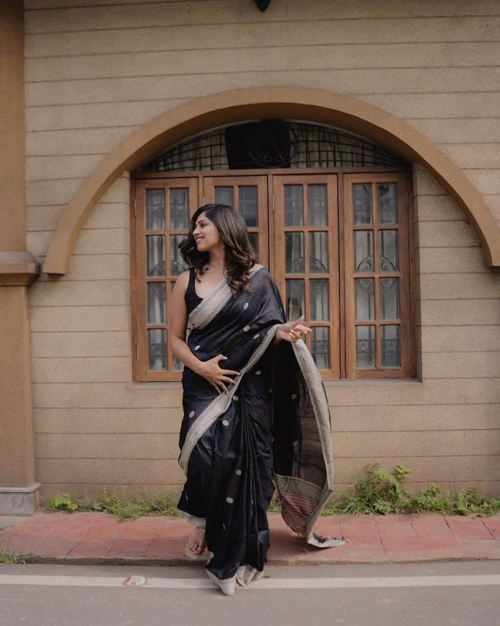 Classic Black Banarasi Silk Saree with Silver Polka Motifs