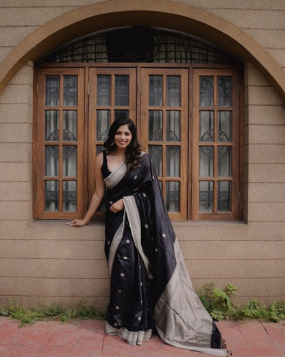 Classic Black Banarasi Silk Saree with Silver Polka Motifs
