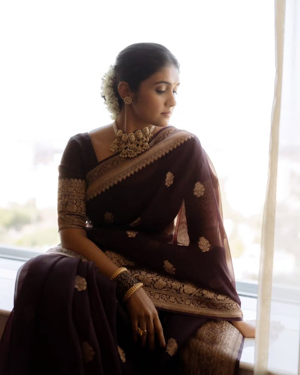 Maroon Organza Silk Saree with Antique Zari Buttas and Floral Border