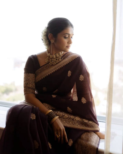 Maroon Organza Silk Saree with Antique Zari Buttas and Floral Border