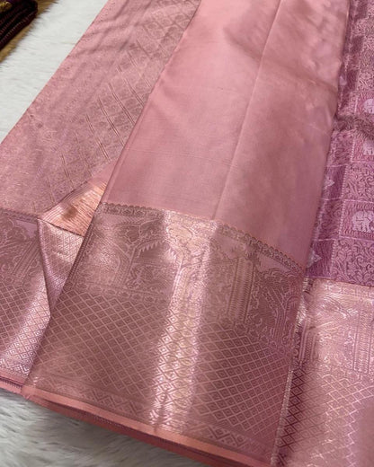 Soft Blush Pink Banarasi Silk Saree with Intricate Zari Checkered Motifs