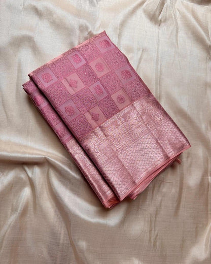 Soft Blush Pink Banarasi Silk Saree with Intricate Zari Checkered Motifs