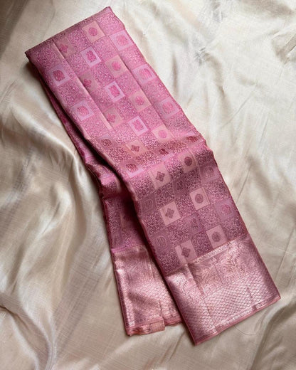 Soft Blush Pink Banarasi Silk Saree with Intricate Zari Checkered Motifs