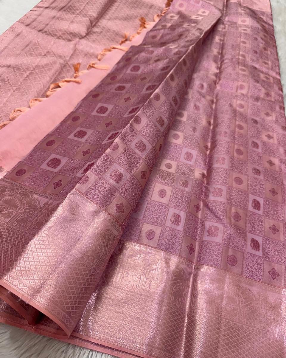 Soft Blush Pink Banarasi Silk Saree with Intricate Zari Checkered Motifs