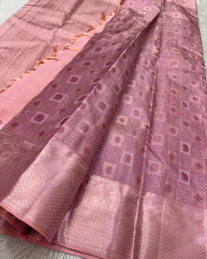 Soft Blush Pink Banarasi Silk Saree with Intricate Zari Checkered Motifs