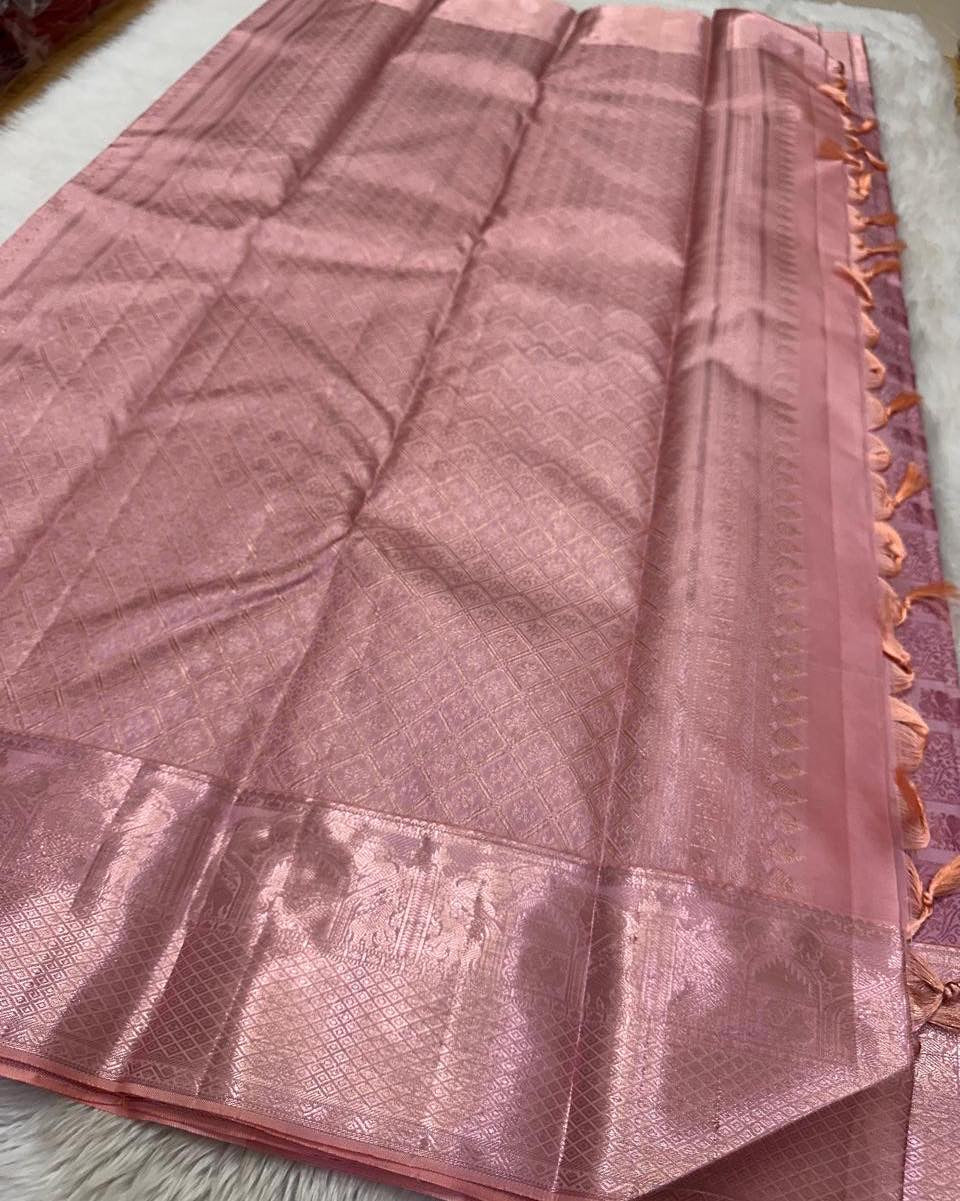 Soft Blush Pink Banarasi Silk Saree with Intricate Zari Checkered Motifs