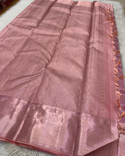 Soft Blush Pink Banarasi Silk Saree with Intricate Zari Checkered Motifs
