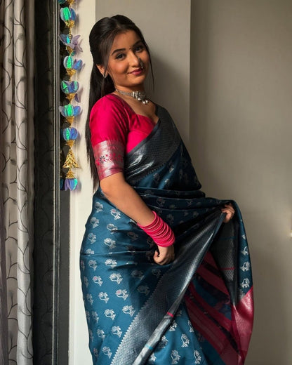 Teal Blue Silk Saree with Silver Zari Weaving & Contrast Pink Blouse