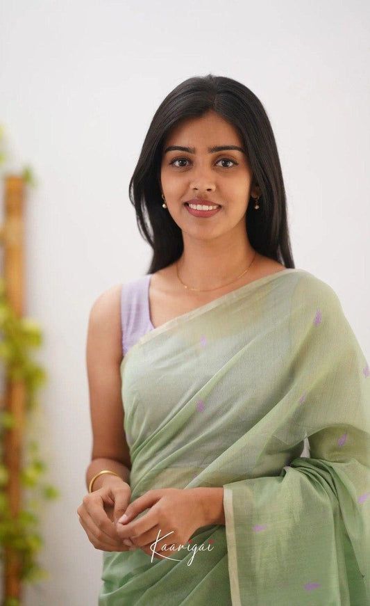 Pastel Green Handwoven Cotton Soft Saree with Lavender Border