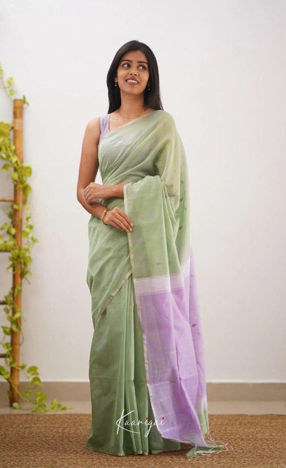 Pastel Green Handwoven Cotton Soft Saree with Lavender Border