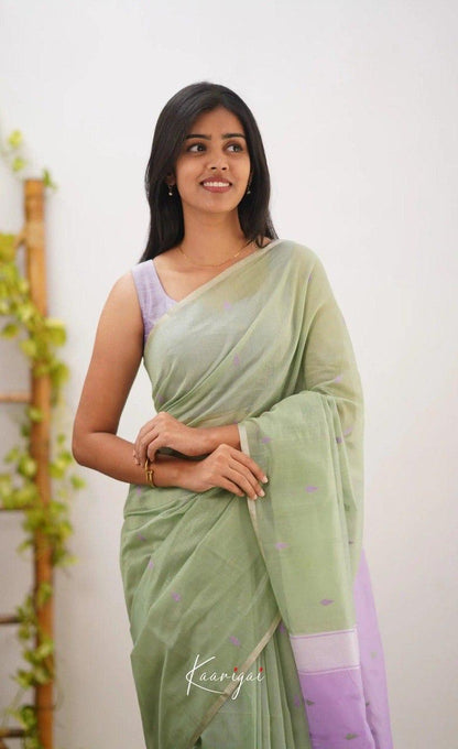 Pastel Green Handwoven Cotton Soft Saree with Lavender Border