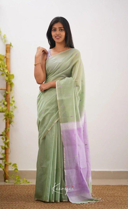 Pastel Green Handwoven Cotton Soft Saree with Lavender Border