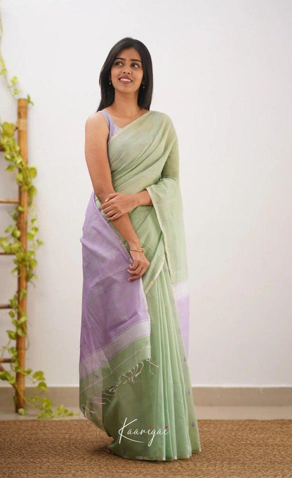 Pastel Green Handwoven Cotton Soft Saree with Lavender Border