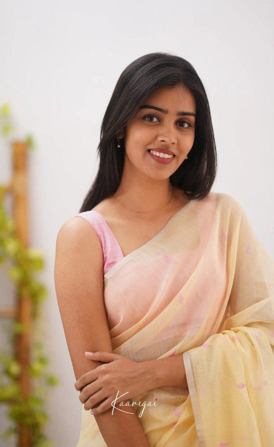 Pastel Yellow Handwoven Cotton Soft Saree with Soft Pink Contrast Border