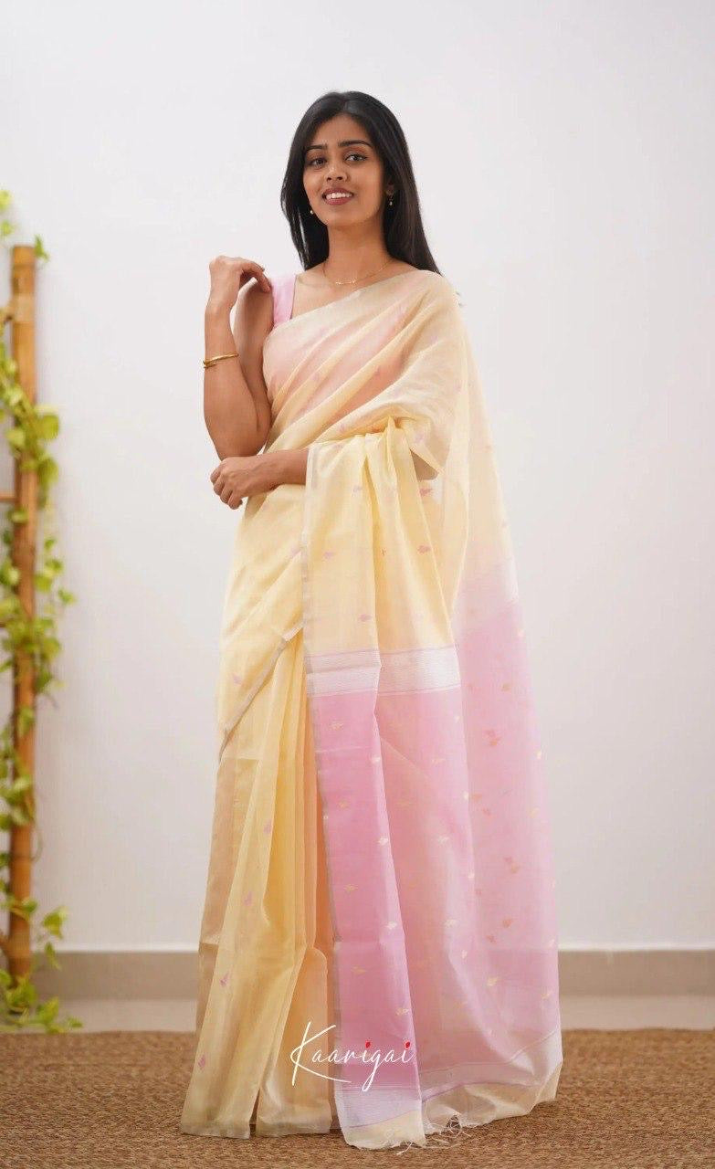 Pastel Yellow Handwoven Cotton Soft Saree with Soft Pink Contrast Border