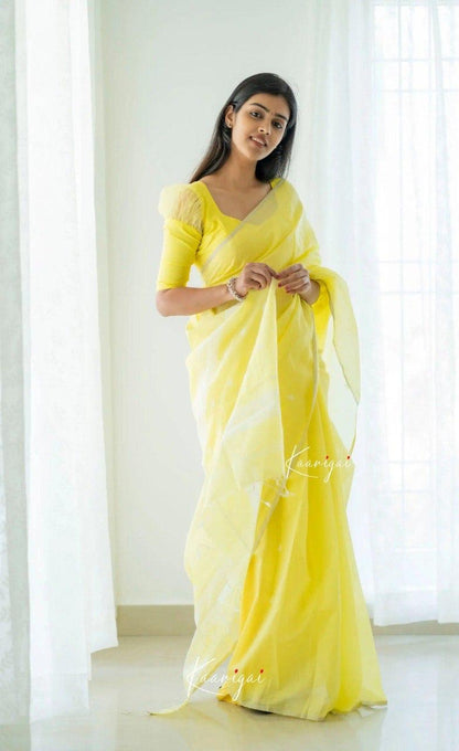 Sunshine Yellow Cotton Soft Silk Handwoven Saree with Elegant Silver Border