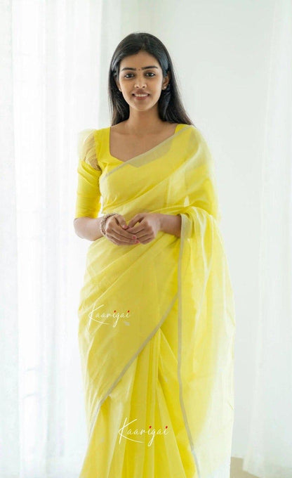 Sunshine Yellow Cotton Soft Silk Handwoven Saree with Elegant Silver Border