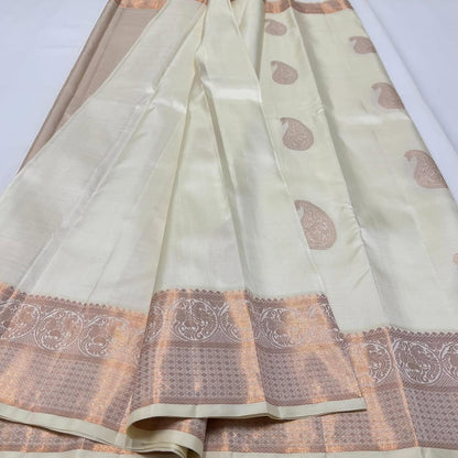 Elegant Off-White Kanjivaram Silk Saree with Rose Gold Zari Work