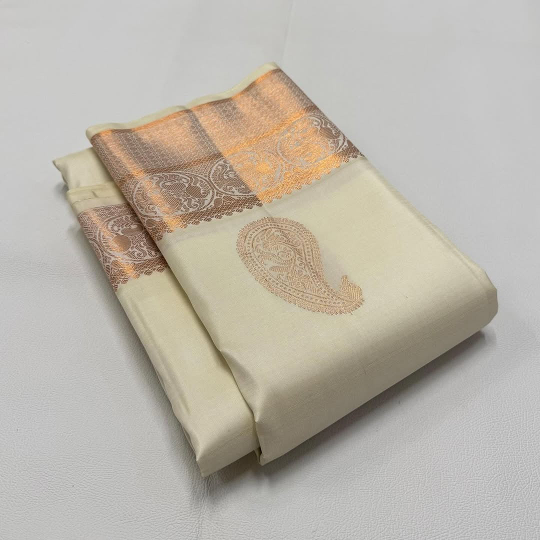 Elegant Off-White Kanjivaram Silk Saree with Rose Gold Zari Work