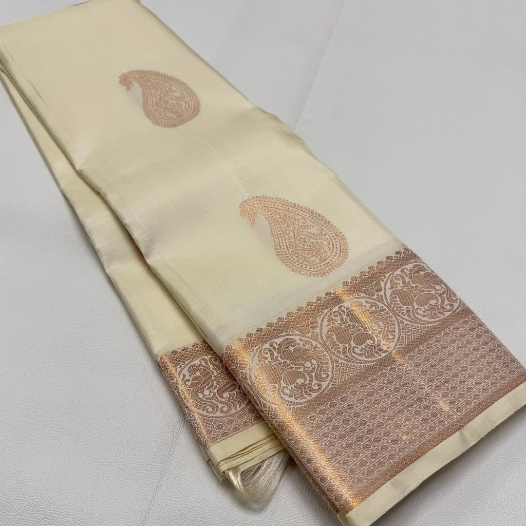 Elegant Off-White Kanjivaram Silk Saree with Rose Gold Zari Work
