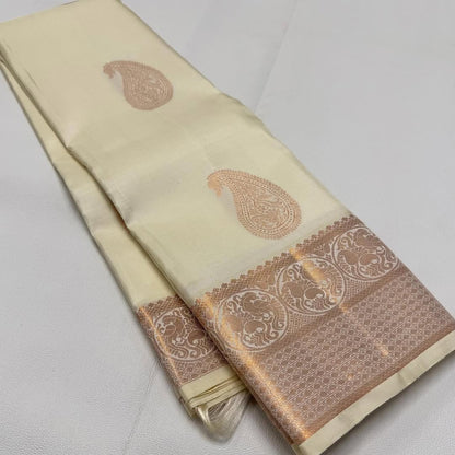 Elegant Off-White Kanjivaram Silk Saree with Rose Gold Zari Work