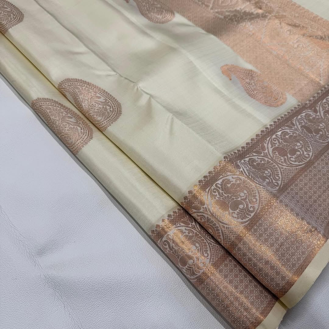 Elegant Off-White Kanjivaram Silk Saree with Rose Gold Zari Work