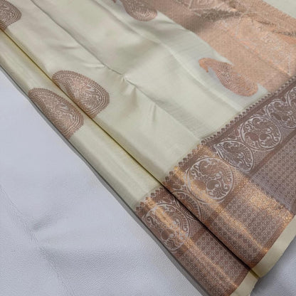 Elegant Off-White Kanjivaram Silk Saree with Rose Gold Zari Work