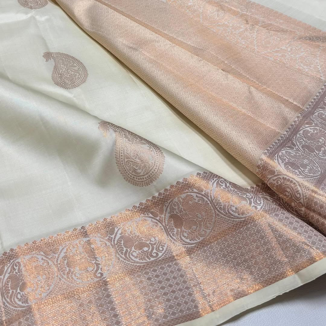 Elegant Off-White Kanjivaram Silk Saree with Rose Gold Zari Work