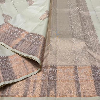 Elegant Off-White Kanjivaram Silk Saree with Rose Gold Zari Work