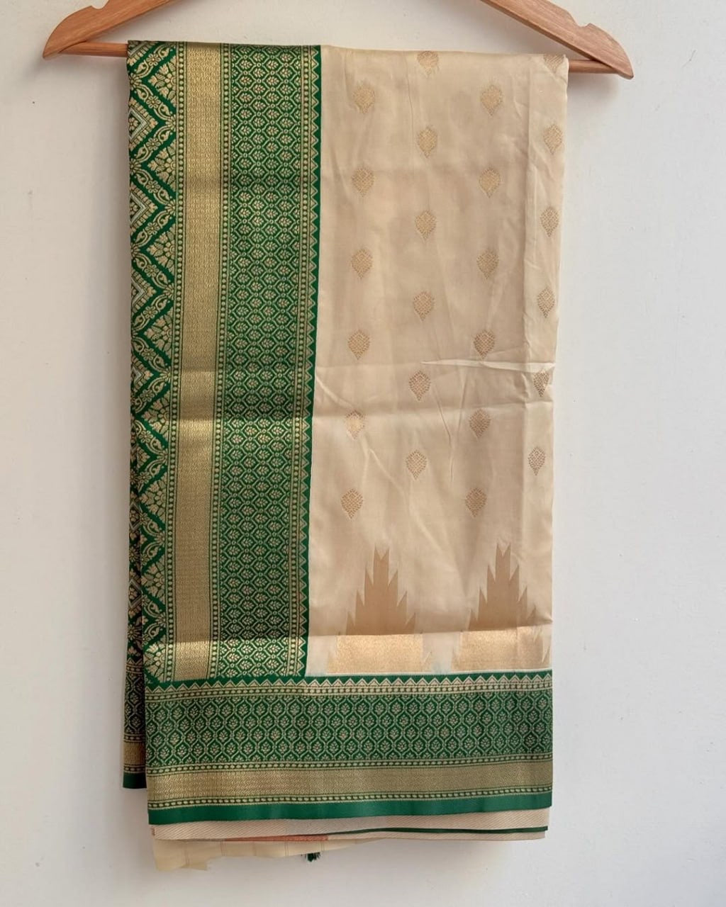 Elegant Cream Kanjivaram Silk Saree with Green Zari Border