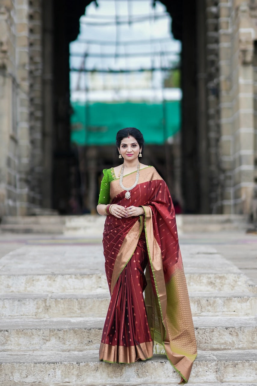 Maroon Silk Saree with Zari Butta Work and Olive Green Contrast Blouse