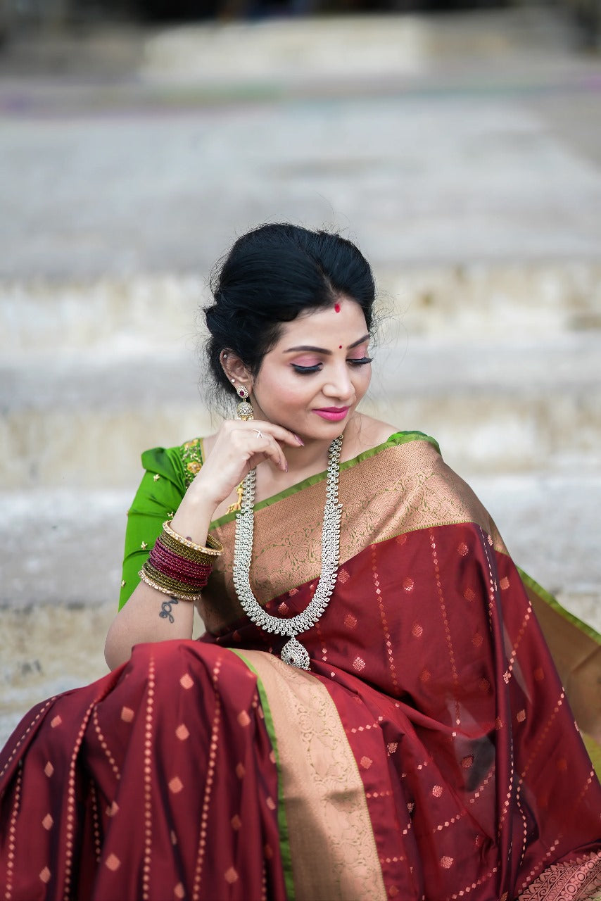 Maroon Silk Saree with Zari Butta Work and Olive Green Contrast Blouse