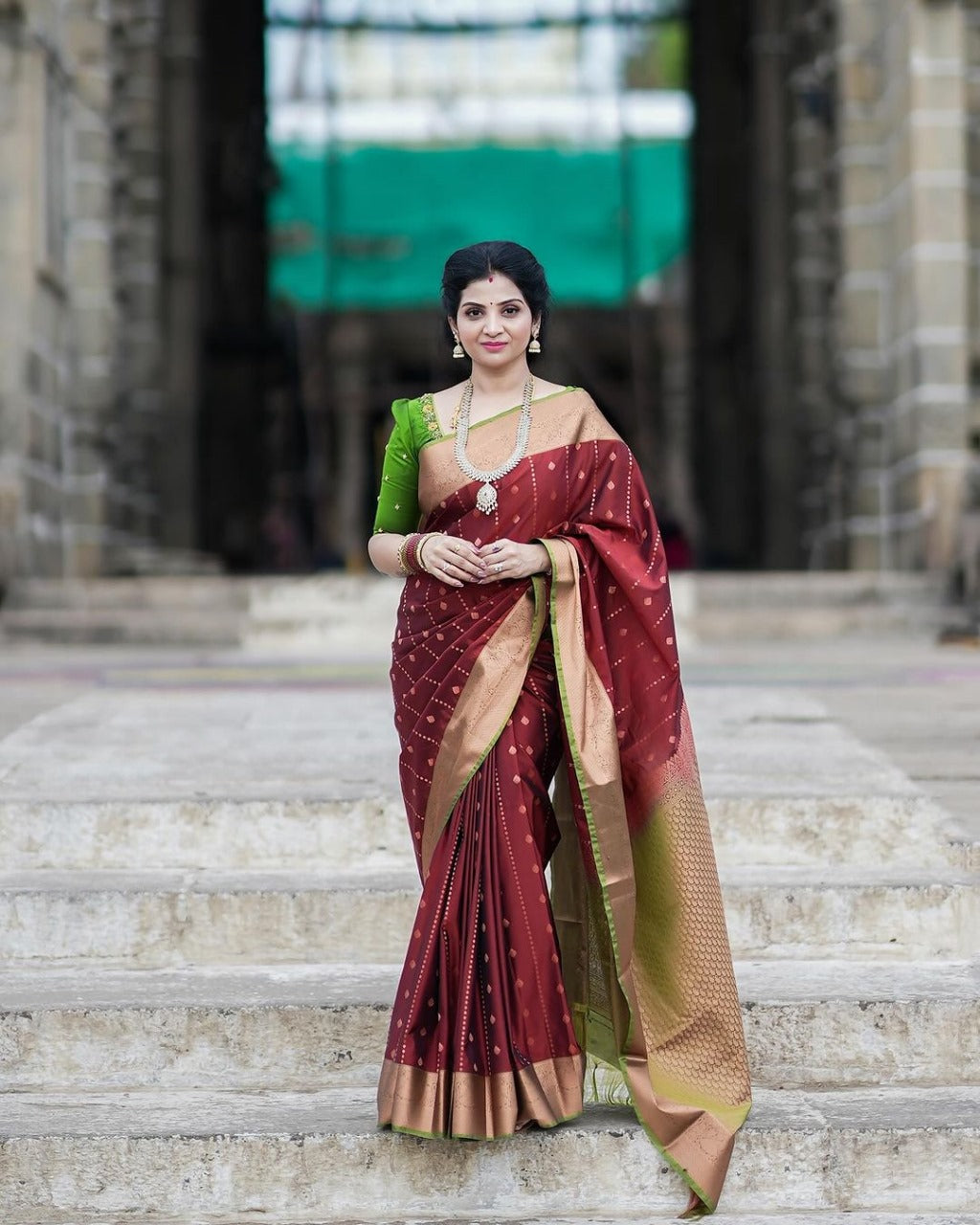 Maroon Silk Saree with Zari Butta Work and Olive Green Contrast Blouse