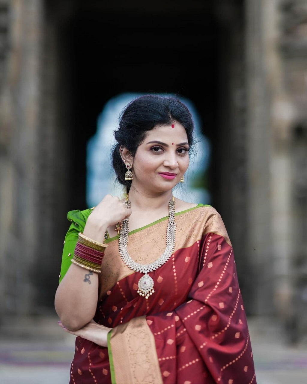 Maroon Silk Saree with Zari Butta Work and Olive Green Contrast Blouse