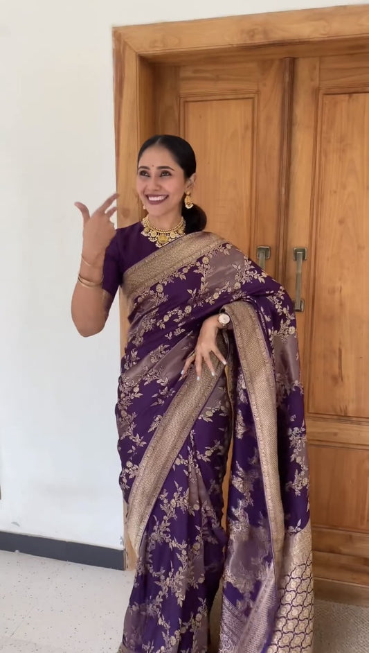 Royal Violet Silk Saree with Golden Floral Zari Weaving
