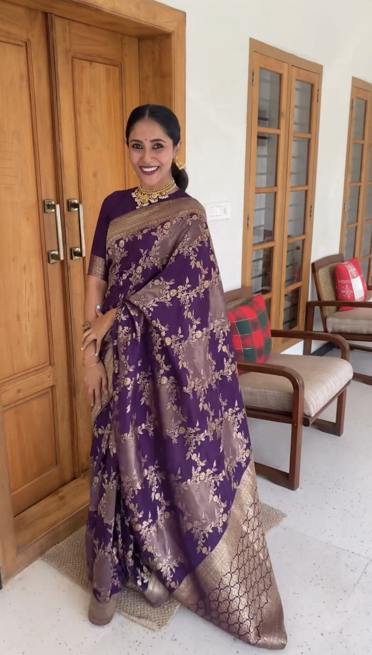 Royal Violet Silk Saree with Golden Floral Zari Weaving