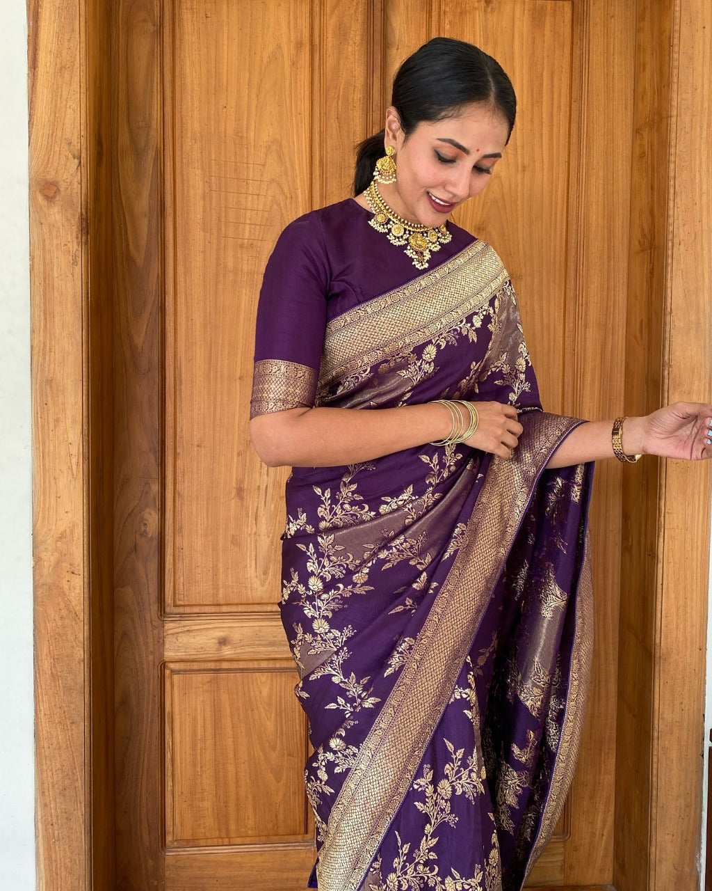 Royal Violet Silk Saree with Golden Floral Zari Weaving