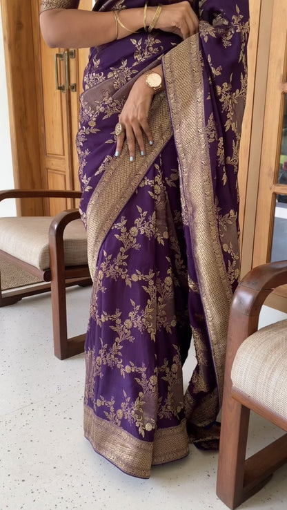 Royal Violet Silk Saree with Golden Floral Zari Weaving