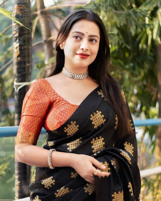 Black Soft Silk Saree with Golden Zari Buttas Silk Saree