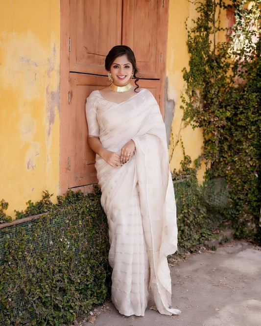 Elegant Off-White Organza Silk Saree
