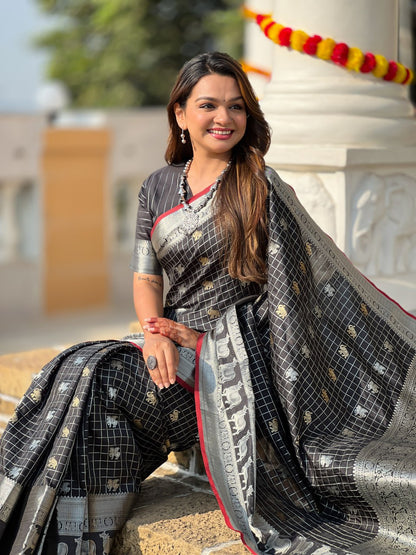 Majestic Black Silk Saree with Silver & Gold Zari Animal Motifs