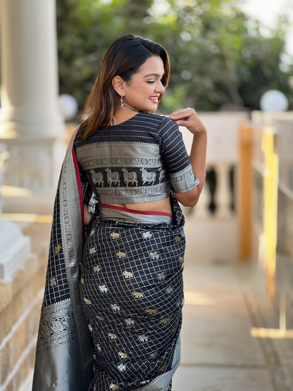 Majestic Black Silk Saree with Silver & Gold Zari Animal Motifs