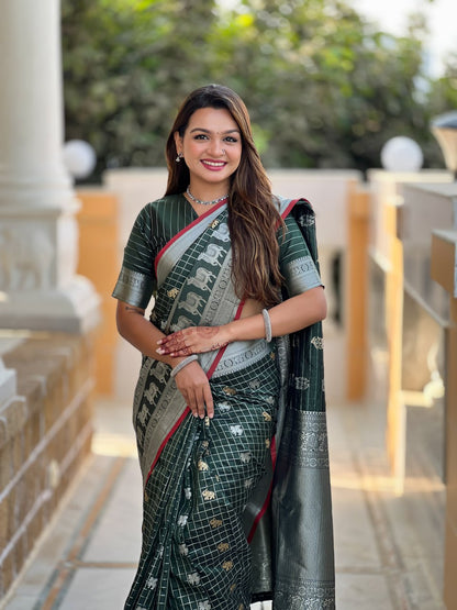 Elegant Bottle Green Silk Saree with Silver-Gold Zari Animal Motifs