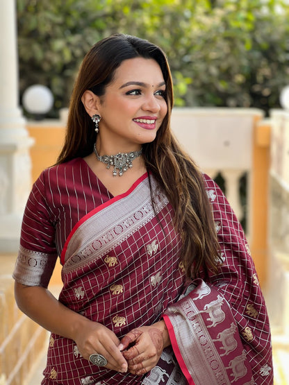 Rich Rani Pink Silk Saree with Silver Zari Animal Motifs