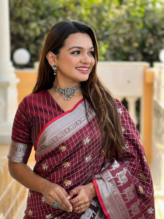 Rich Rani Pink Silk Saree with Silver Zari Animal Motifs