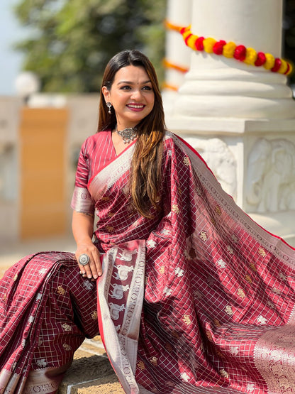 Rich Rani Pink Silk Saree with Silver Zari Animal Motifs