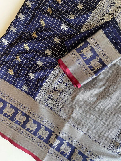 Majestic Navy Blue Silk Saree with Silver Zari Animal Motifs