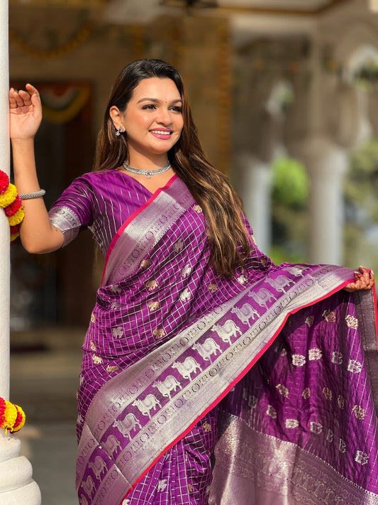 Regal Purple Silk Saree with Silver Zari Animal Motifs