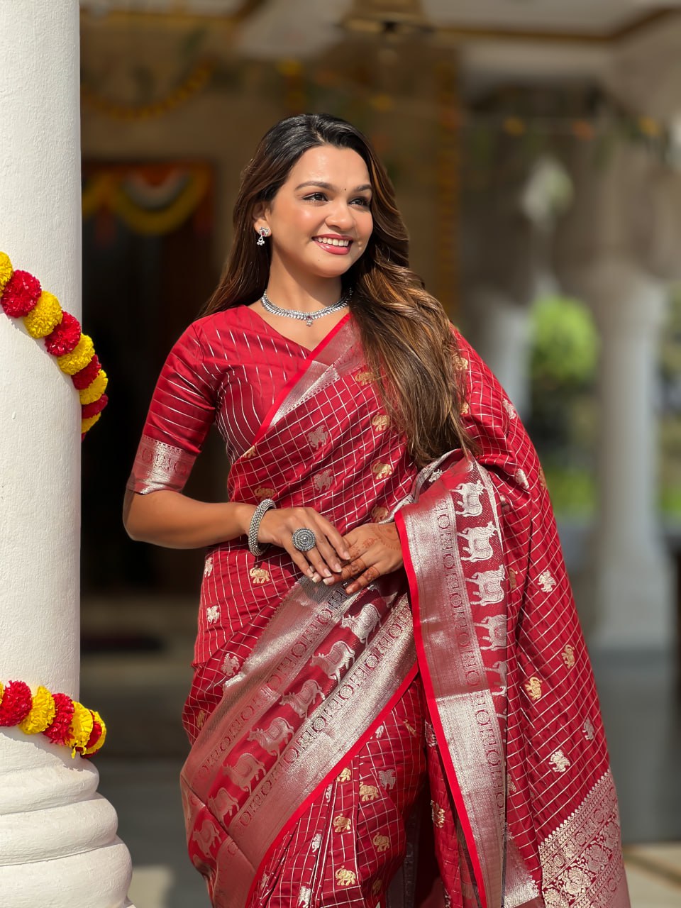 Elegant Maroon-Red Silk Saree with Zari Elephant & Lion Motifs