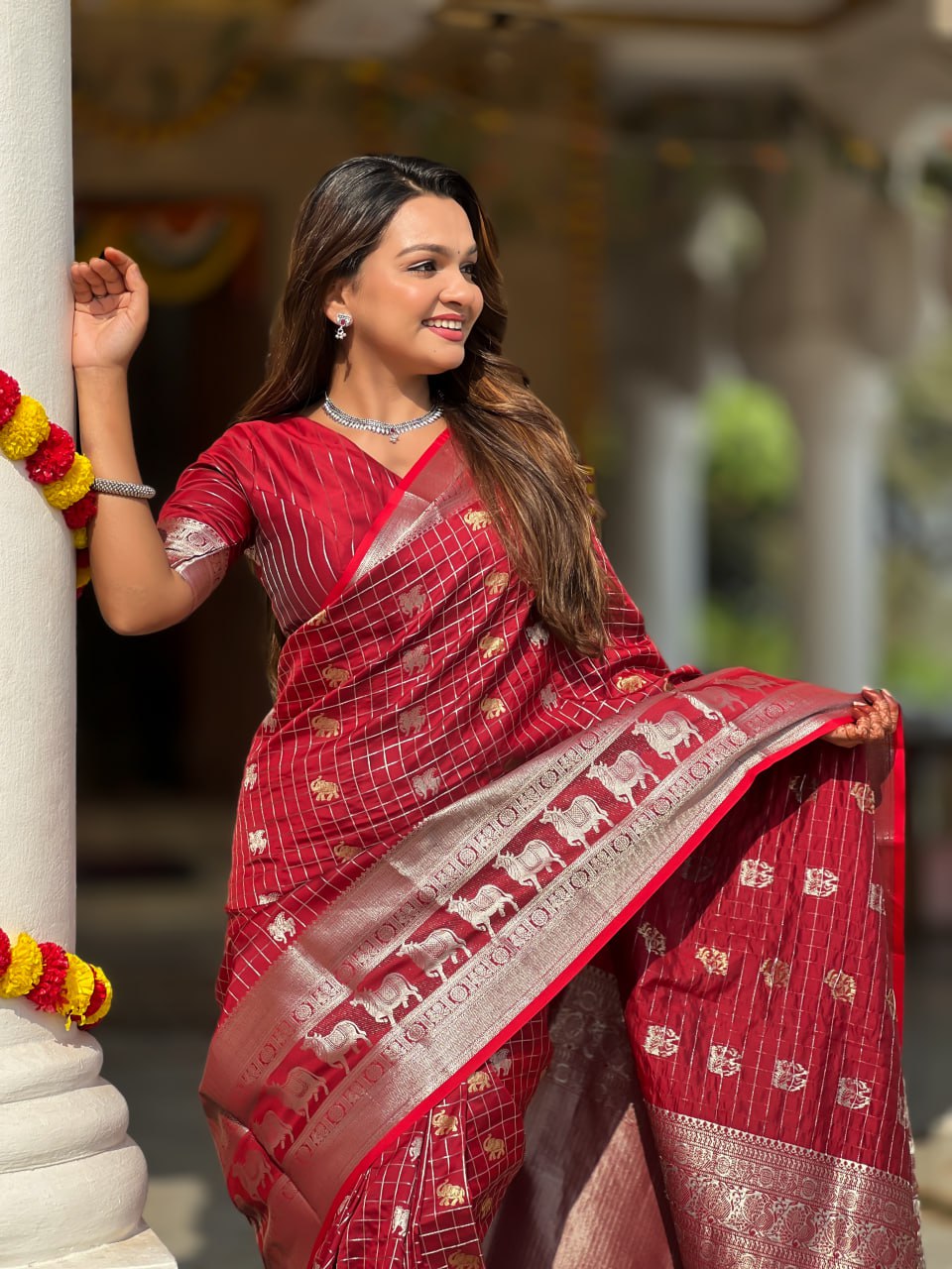Elegant Maroon-Red Silk Saree with Zari Elephant & Lion Motifs